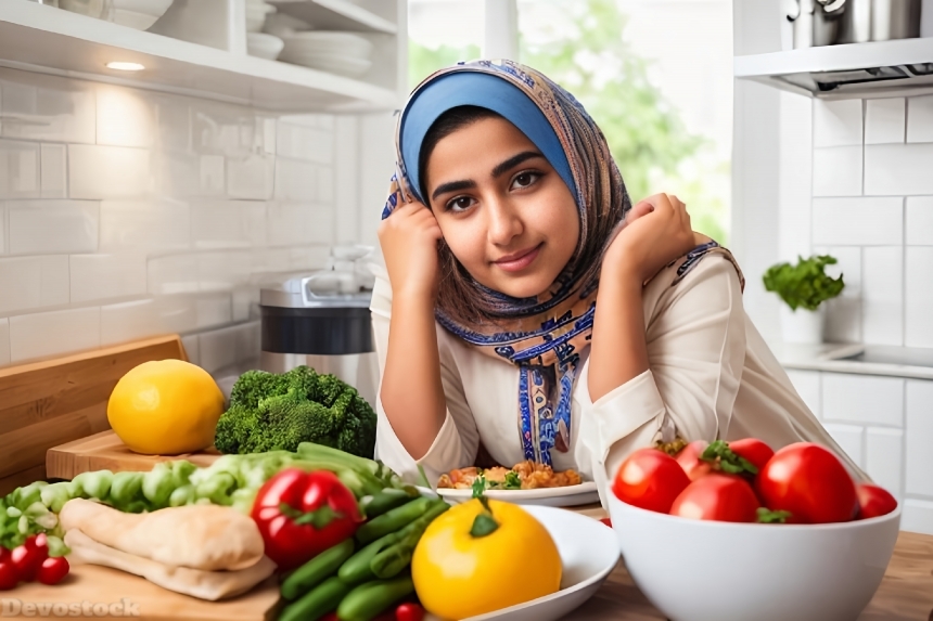 Beautiful Muslim girl-blue-eyes-kitchen-food-face-details-4k