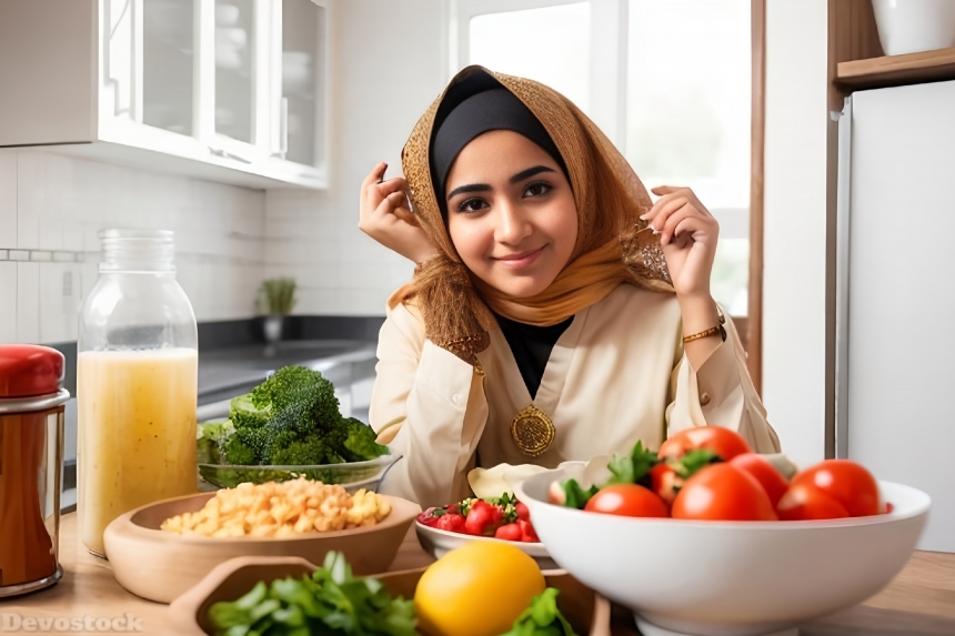 Beautiful muslim-girl-kitchen-food-face-details-4k