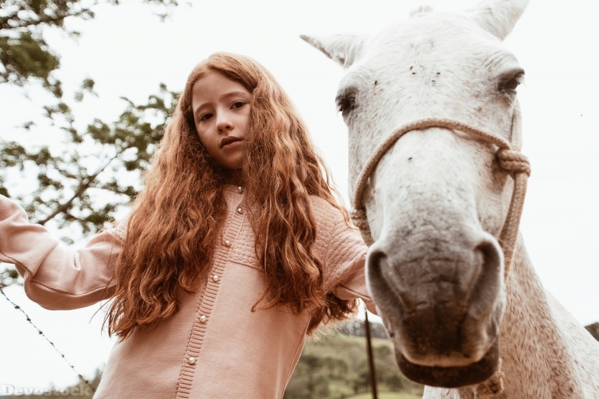 Devostock Animal Beautiful Girl Child Horse Nature 4k