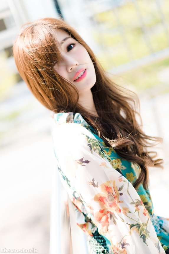 Devostock Beautiful Girl Brown Hair Outdoor Dress Floral Costume Smiling 4k