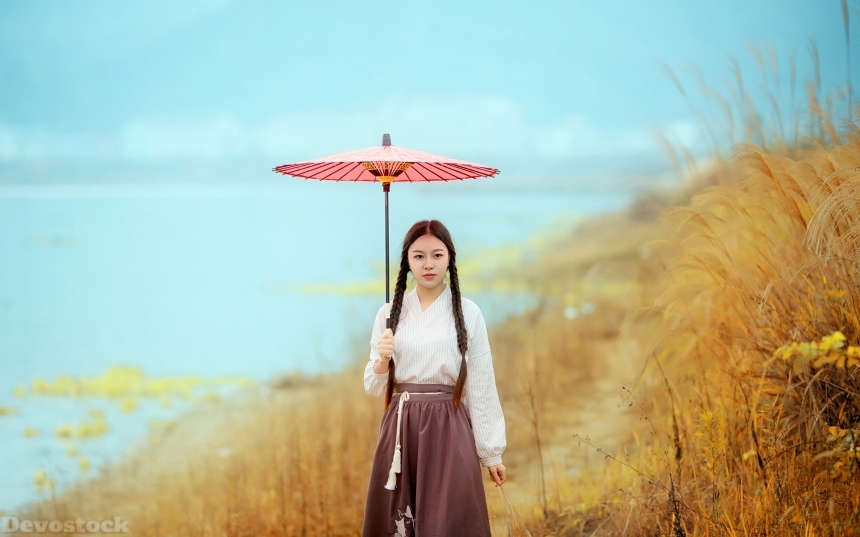 Devostock Beautiful Nature Girl Traditional Dress Umbrella 4k