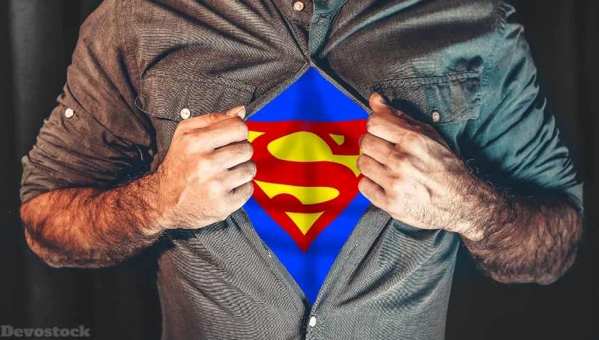 Devostock Man Dress Superman Taking Off Power Challenge Strong 4k