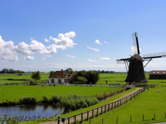 Devostock Landscape Sky Water Netherlands Windmill 4K