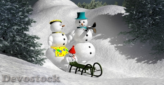Devostock Snowman Sledge ChristmasSnow 4K