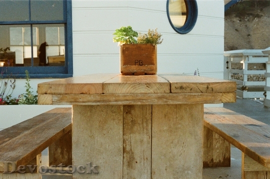 Devostock Wood Bench Table Flowpot 4K