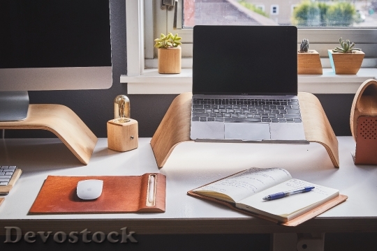 Devostock Wood Desk Laptop Office Copy Book Pen 4K