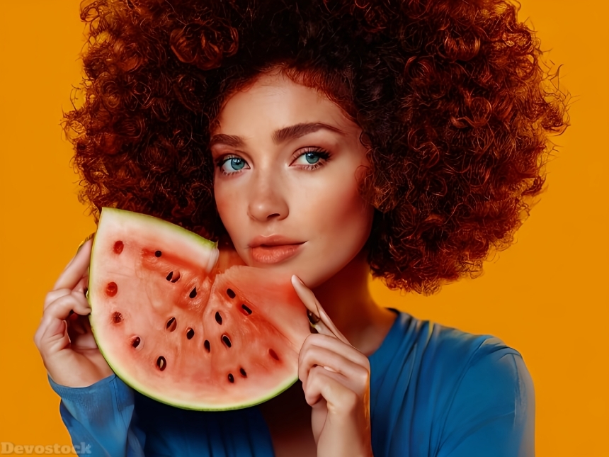 Beautiful-blond-model-eating-watermelon-face-details-4k