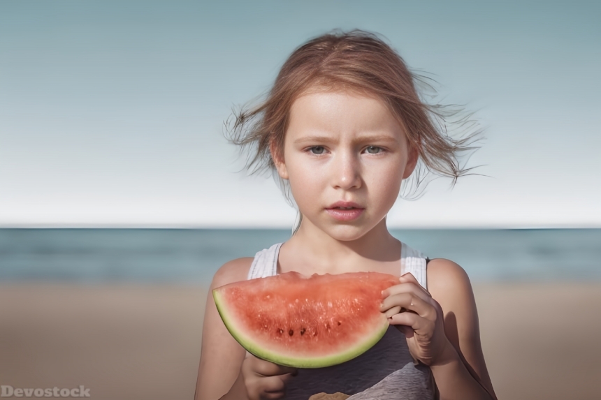 Cute little girl-model-eating-watermelon-beach-nature-background-face-details-4k