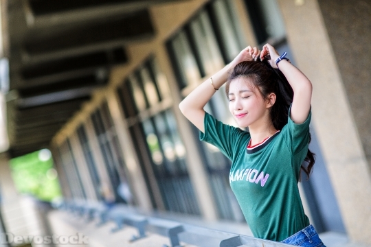 Devostock Asian Cute Teen Girl Balcony Smiling 4k