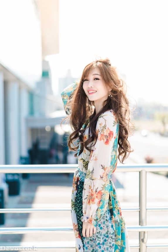 Devostock Beautiful Girl Outdoor Wind Brown Hair Dress Floral Costume 4k