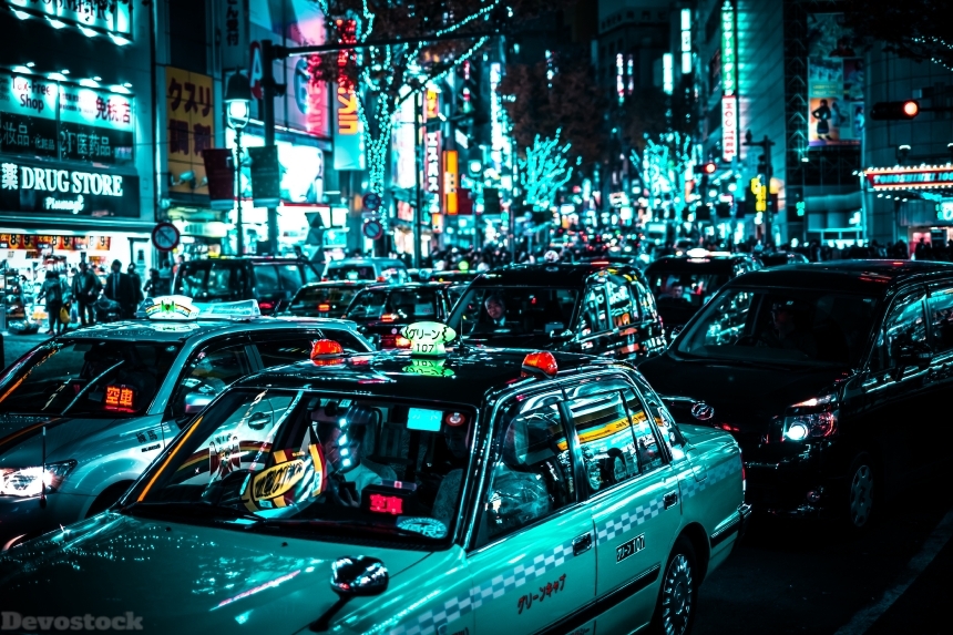 Devostock City Lights Night Taxi Cars 4k