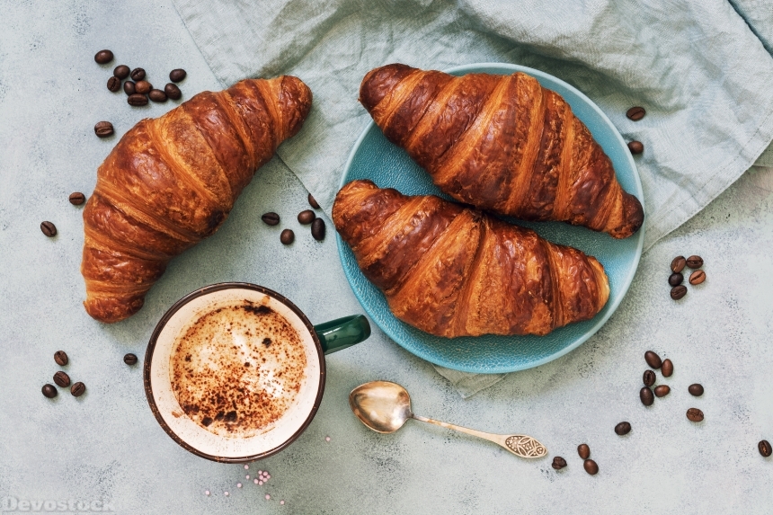 Devostock Croissant Sweet Coffee Beans Grain Cup Food 4k