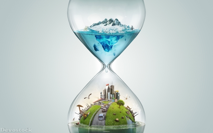 Devostock Hourglass Creative 3D Graphics Sandglass Sand Clock Watch Using Water Global Warming 4k