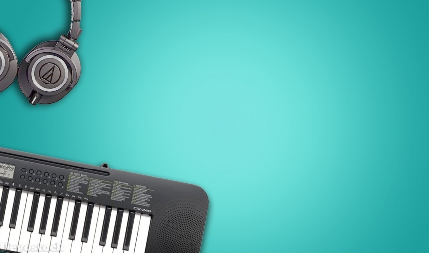 Devostock Musical Equipment Synthesizer Headpone Blue Green Background 4k