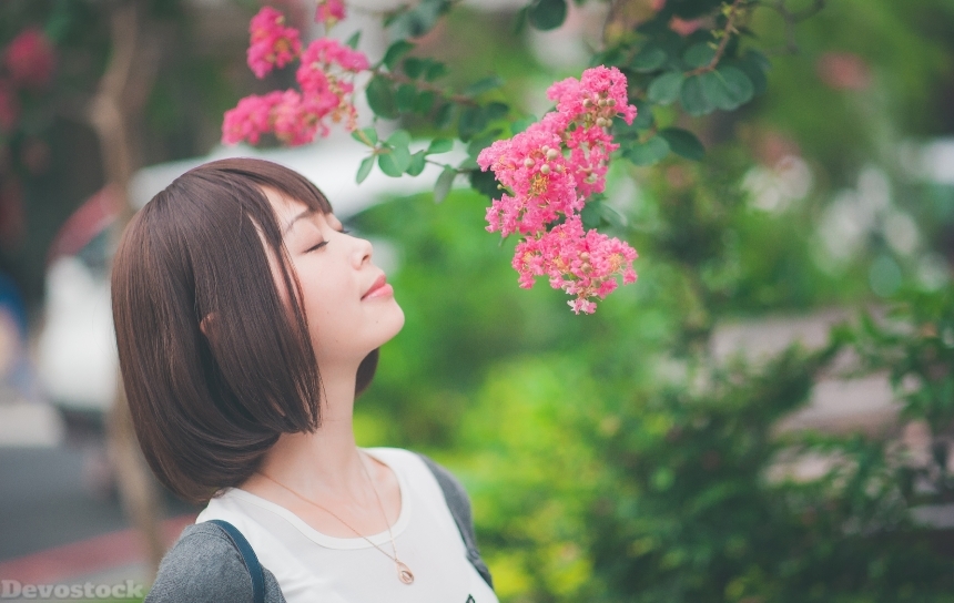 Devostock Outdoor Flowers Taiwanese Girl Smelling Closing Eyes 4k