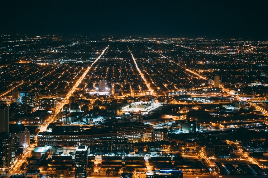 Devostock Outdoor Nature Aerial Shot Bird S Eye View Chicago Night Lights 4k
