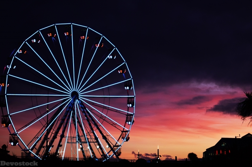 Devostock Outdoor Nightfall Lights Ferris Wheel Sunset Enjoyment 4k