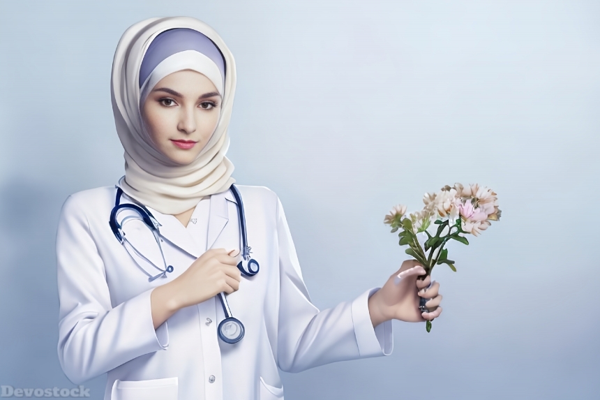 Female Muslim doctor photography carrying flowers