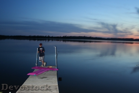 Devostock Boy Pier Evening Lake