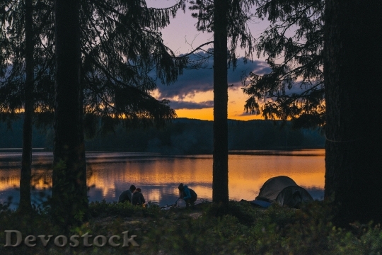 Devostock Camping Lakeside Sunset Evening