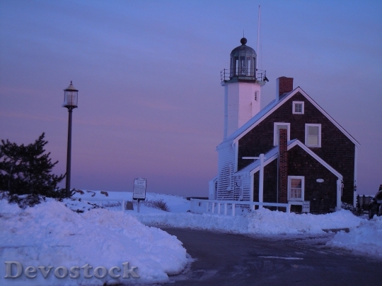 Devostock Lighthouse Winter Snow Sunset