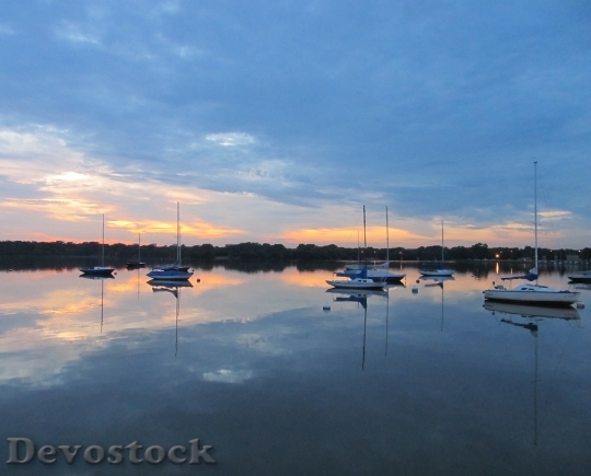 Devostock Sailboats Sunset Lake Calm