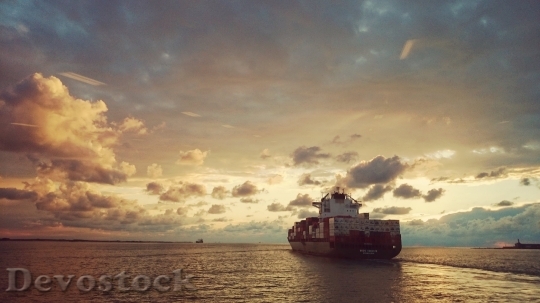 Devostock Ship Sea Sunset Clouds
