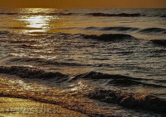 Devostock Shore Waves Sunset Sky