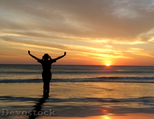 Devostock Sunset Woman Joy Beach