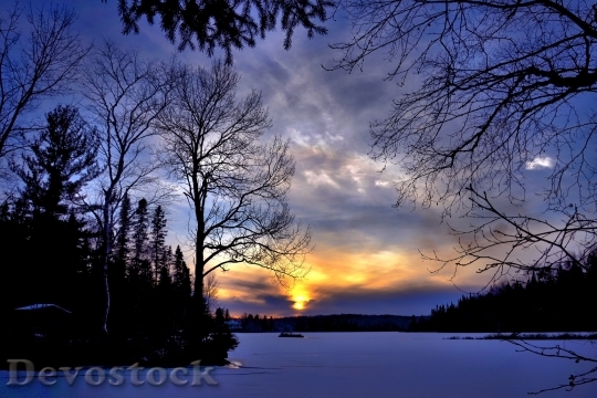 Devostock Winter Landscape Sunset Evening