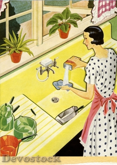 Devostock Mother washing dishes cartoon