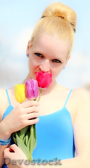 Devostock Blonde Girl Beauty Tulips