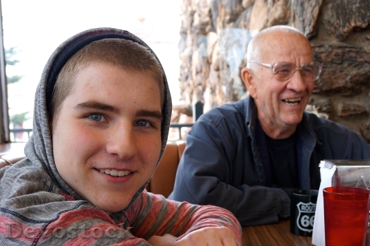 Devostock Cafe Grandfather Grandson Family