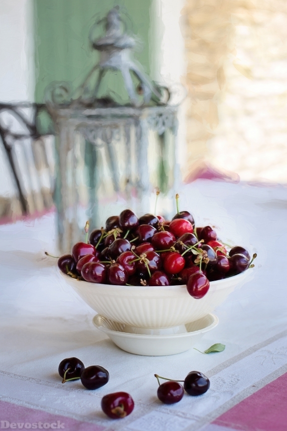Devostock Cherries In Bowl Fruit 1