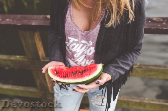 Devostock Girl Woman Watermelon Fruits