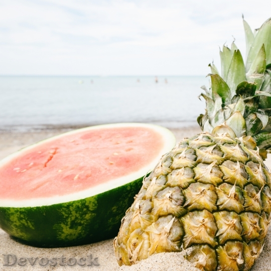 Devostock Pineapple Sunset Fruit Beach