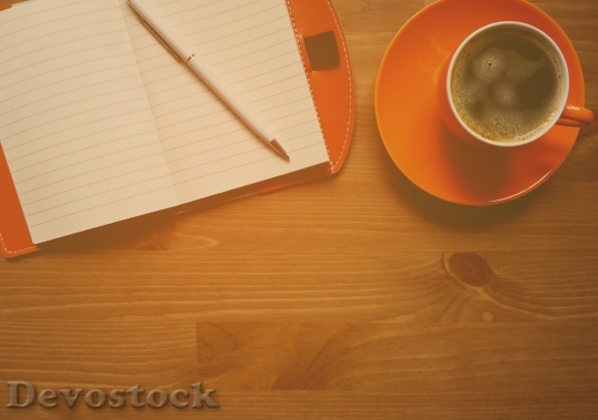 Devostock Coffee Notebook Wooden Background 0