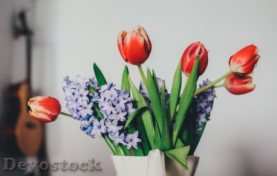 Devostock Tulips Lilacs Guitar Vase